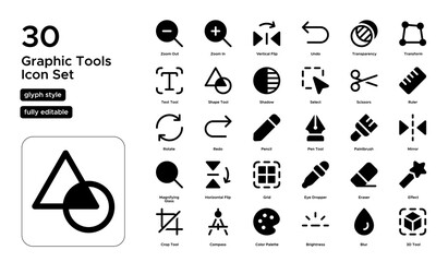 Graphic Tools Glyph Icon Set: Design Software, Editing Tools, and Creative Features Icons