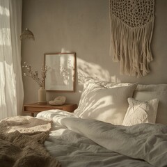 Cozy minimalist bedroom interior with natural light and boho decor