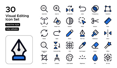 Visual Editing Filled Line Icon Set: Photo Retouching, Image Adjustments, and Design Tools Icons