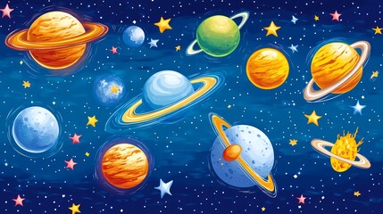 Colorful illustration of planets and stars in outer space.