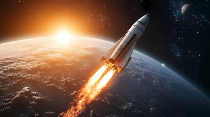 Obraz premium A rocket launches into space, leaving a trail of flames against a cosmic backdrop.