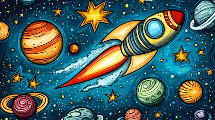 Colorful rocket flying through a vibrant cartoon space filled with planets and stars.