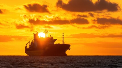 Fototapeta premium A cargo ship sails across the ocean as a stunning golden sunset paints the sky with vivid hues, creating a serene maritime atmosphere