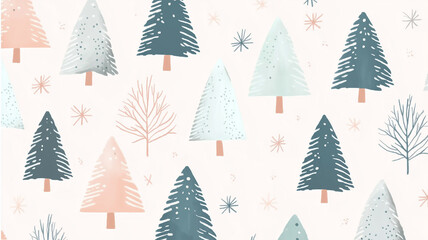 Christmas trees and snowflakes on a white background. Christmas pattern.