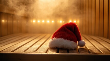 Santa hat on sauna bench, holiday promotion for spa and wellness salon services