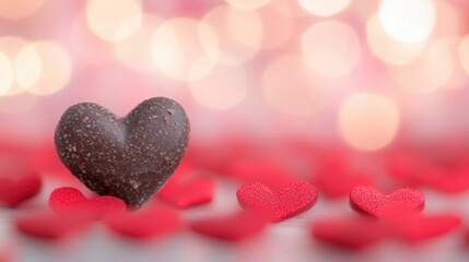 Obraz premium A heart-shaped chocolate rests among small red hearts, evoking love and celebration in a joyful and romantic setting