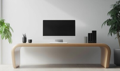 Minimalist desk with computer, plants, and binders.