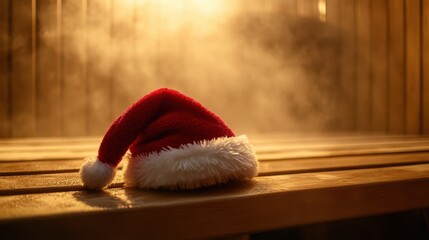 Santa hat on sauna bench, holiday promotion for spa and wellness salon services