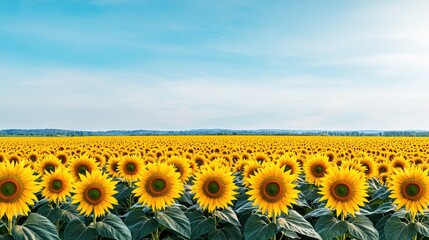 Obraz premium A vast field of vibrant sunflowers stretching under a bright blue sky, symbolizing beauty and warmth in nature.