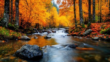 A serene river flows through vibrant autumn foliage, showcasing brilliant orange and yellow leaves in a tranquil natural setting.