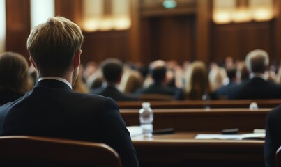 Man in suit sitting in a room full of people.