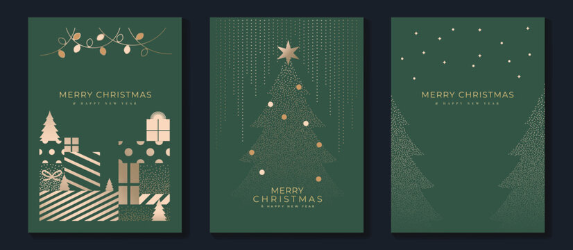 Luxury christmas invitation card art deco design vector. Christmas tree, snowflake, firework line art, watercolor on green and red background. Design illustration for cover, print, poster, wallpaper.