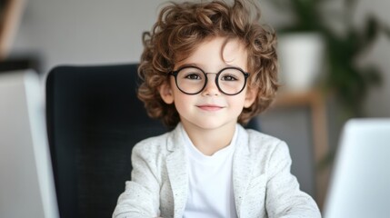 A young boy with curly hair and glasses confidently imitates a businessman at a desk, showing charm in a stylish office setup