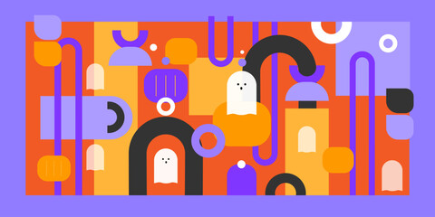 Colored shapes, pumpkins and ghosts on a orange background. Halloween banner with a minimalistic design. 