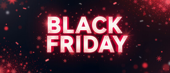 A glittering and festive Black Friday sale banner with a holiday-themed design. The bright red text with white outlines is set against a black background, with sparkling snowflakes and confetti adding