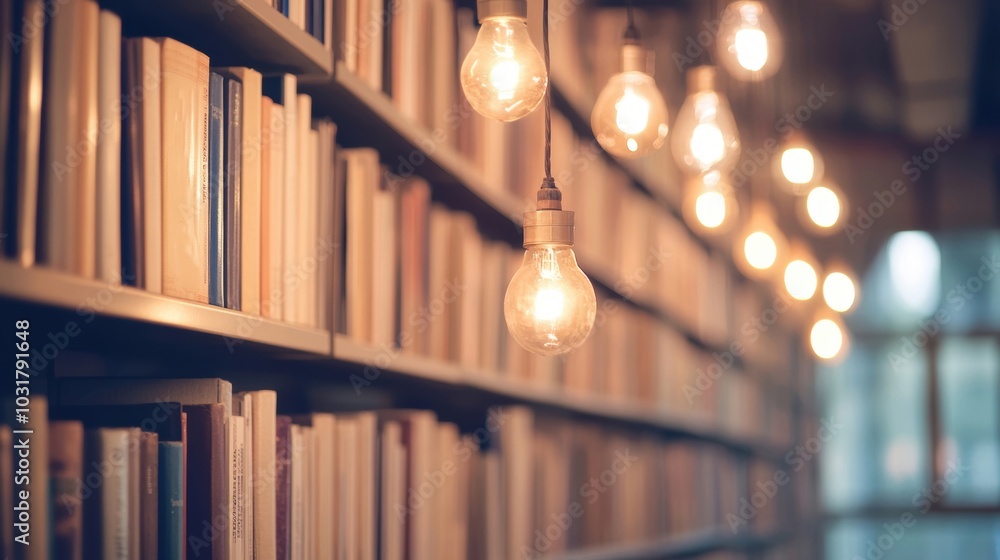 Aufkleber rows of bookshelves lined with various books are illuminated by warm hanging lights, creating a welc