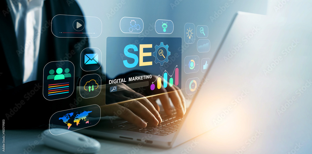 Aufkleber search engine optimization marketing and online traffic on website.business person who using a compu