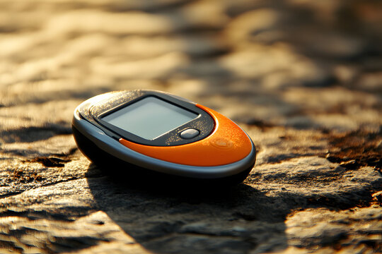 Handheld GPS device with an orange casing lying on a rugged outdoor surface, illuminated by warm golden sunlight, symbolizing navigation, adventure, and exploration in the wild