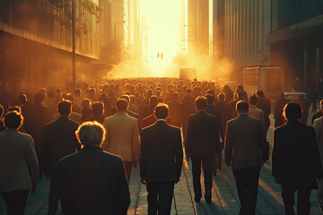 Obraz premium Rear view of a crowd of people walking down a city street during golden hour. Generated by artificial intelligence