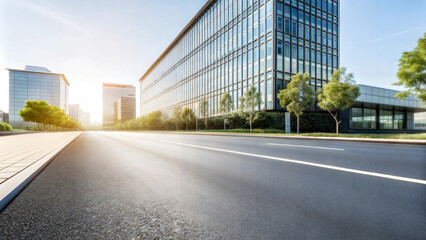 Close-up of clean empty road illuminated by the sun between modern office buildings