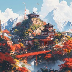 Fototapeta premium Inspired Cityscape: A Japanese Anime Painting in Rich Pigments and Dreamy 8K Detail