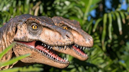Obraz premium Velociraptor Dinosaur Head Close up Jungle Background Sharp Teeth Predator Wildlife
