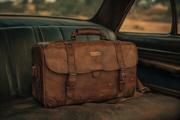 Vintage leather travel bag on the back seat of an old car, capturing a sense of adventure and nostalgia in a rustic setting.