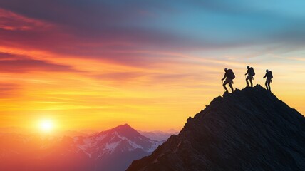 Adventurers trek to the mountain summit at sunrise, capturing the thrill of exploration and the beauty of nature.