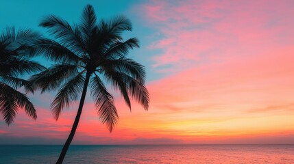 A serene sunset illuminates the sky with vibrant hues, while a palm tree gracefully frames the tranquil ocean view.