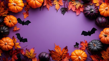 Obraz premium Colorful pumpkins and autumn leaves framing a festive Halloween scene.
