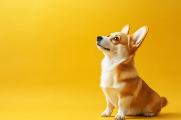 Side view of cute corgi dog standing on hind legs and listening owner's commands, looking at free space isolated on yellow studio background, Generative AI