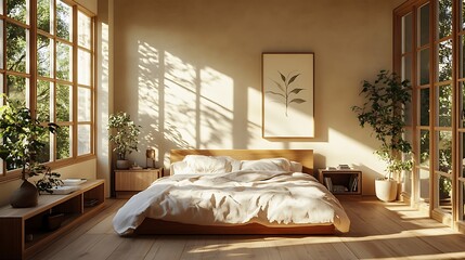 Obraz premium Elegant and Cozy Modern Bedroom Interior Design with Stylish Decor, mockup, poster and Background