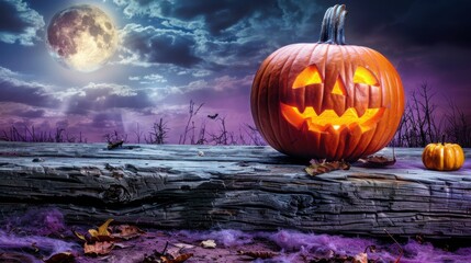 A glowing jack-o'-lantern sits on a weathered wooden dock under a haunting full moon, casting a spooky light across a desolate landscape.

