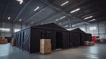 Obraz premium Black Modular Industrial Warehouse Tent --ar 16:9 --style raw --v 6.1 Job ID: 914a886f-c454-4da1-b7fb-211212ebcaaf