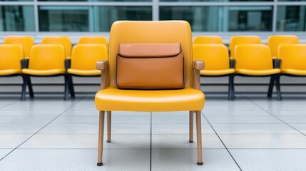 Empty Yellow Chair with Brown Bag in Waiting Area