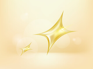 Fototapeta premium Golden four-pointed stars of various shapes. Christmas realistic design element. Realistic shining and glowing star. Y2k gold chrome icon