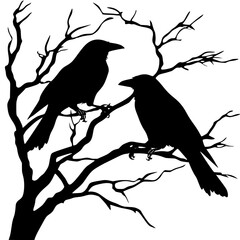 Obraz premium Silhouette of two crows on bare tree branches, Black-and-white silhouette of two crows perched on bare tree branches, creating a haunting and eerie atmosphere, isolated on a white background.