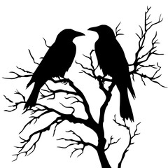 Obraz premium Silhouette of two crows on bare tree branches, Black-and-white silhouette of two crows perched on bare tree branches, creating a haunting and eerie atmosphere, isolated on a white background.