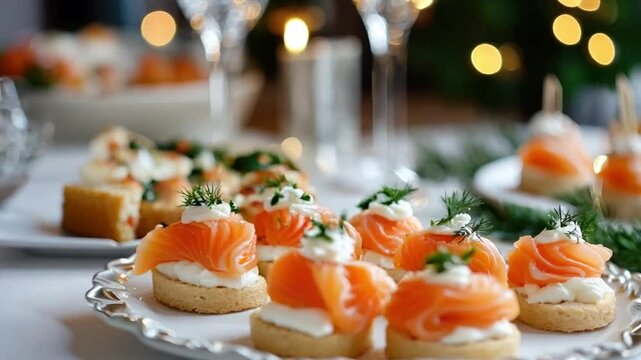 Smoked salmon canap&eacute;s are served on a white plate with gold trim, adding a touch of elegance to a holiday. Festive snacks, dishes