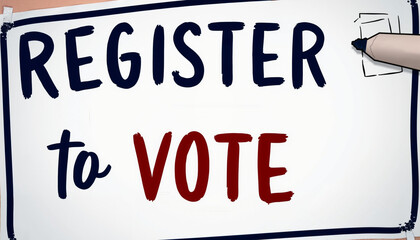 A hand holding a marker, writing on a poster with the message "Register to Vote", encouraging people to participate in the democratic process. T