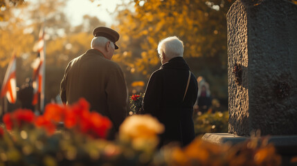 Veterans gathered at a war memorial, laying wreaths and paying respects, soft light highlighting the stone structure, respectful and emotional atmosphere, blurred background with flags and greenery