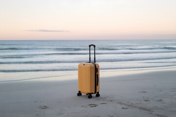 Yellow Suitcase on Sandy Beach, Peaceful Ocean Background
