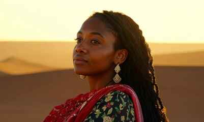 Ghanaian Woman in Desert at Sunset with Armed Soldiers - Powered by Adobe