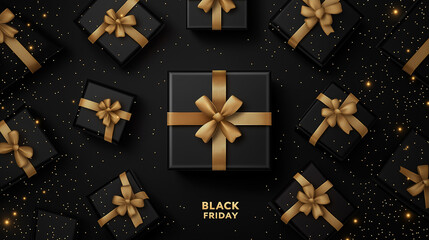 Black Friday themed design with black gift boxes adorned with gold ribbons and bows. Perfect for holiday promotions, sales, and luxury branding.