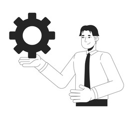 Office worker korean man holding cog gear black and white 2D line character. Corporate male shirt tie employee presenting cogwheel isolated vector outline person. Monochromatic spot illustration