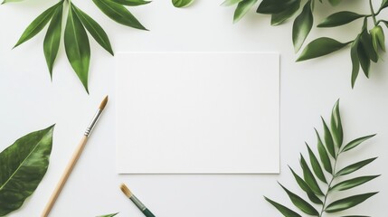 A Creative Workspace Featuring Natural Elements and Blank Canvas