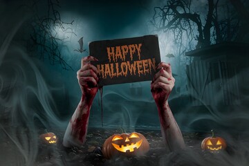 Bloodied hands hold HAPPY HALLOWEEN placard, mist swirls in eerie setting