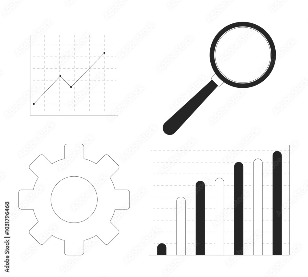 Poster business data analytics black and white 2d line objects set. magnifying glass, cog gear. analysis gr