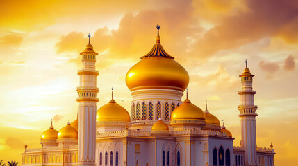 Happy Independence Day of Brunei Darussalam. Horizontal banner. Copy space. Sultan Omar Ali Saifuddin Mosque at sunset. Brunei National Celebration Card