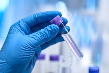 Gloved hand holding clear test tube, lab setting with blurred background